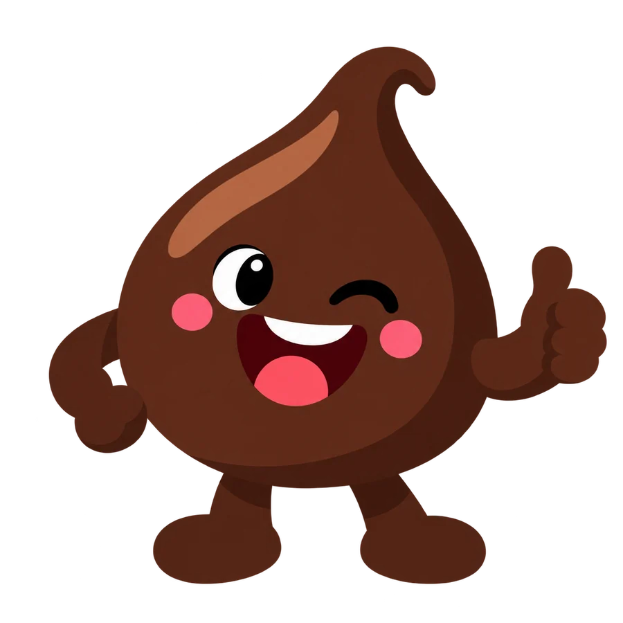 Choco the chocolate drop mascot giving a thumbs up