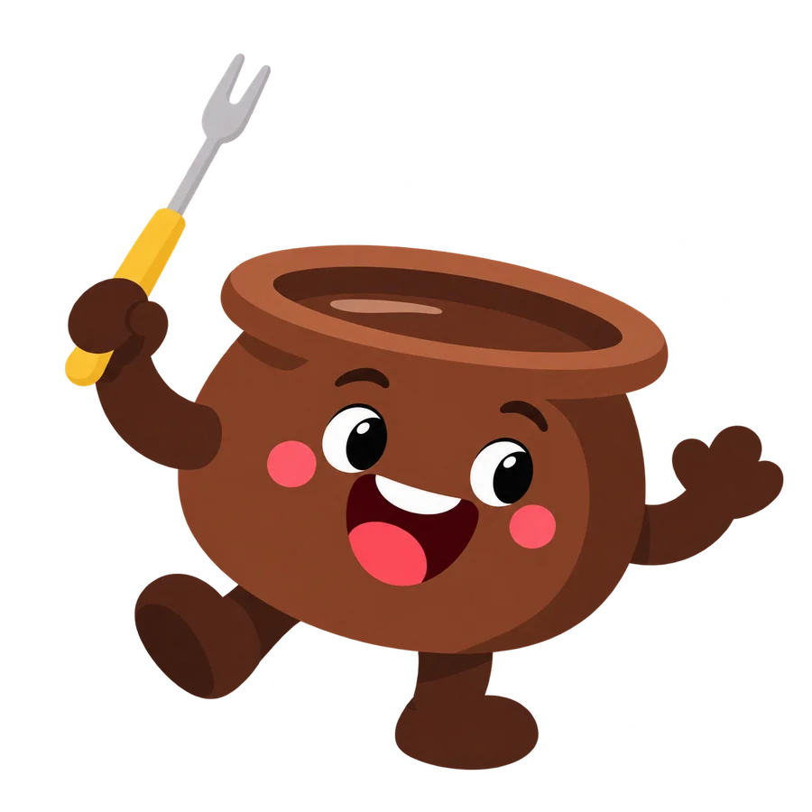 Fondi the fondue pot mascot on a candy hill