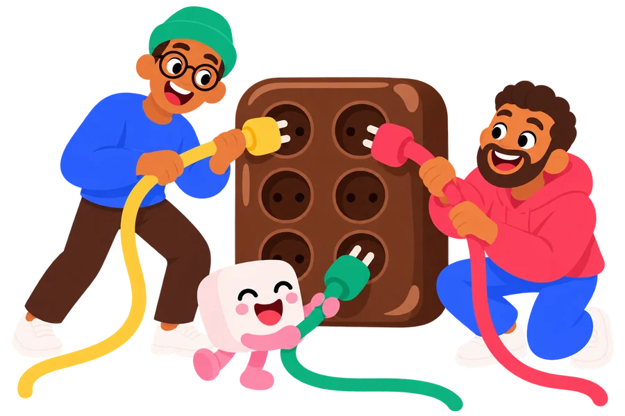 Two builders and Mallow the marshmallow plugging colorful cables into a chocolate outlet board