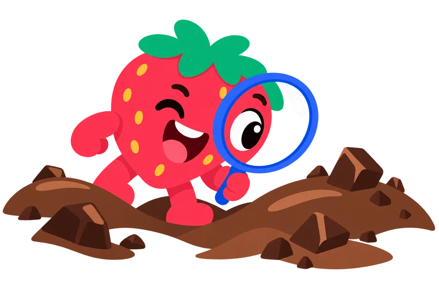 Berry searching the candy hills with a magnifying glass